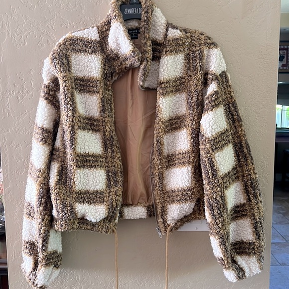 HYFVE Juniors sherpa jacket plaid camel brown off white size Large - Picture 3 of 14